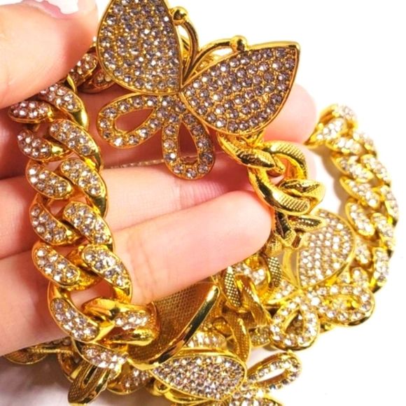 #U14 Butterfly Cuban Chain Link Multi CZ Rhinestone Iced Out Bling Necklace - Picture 1 of 5
